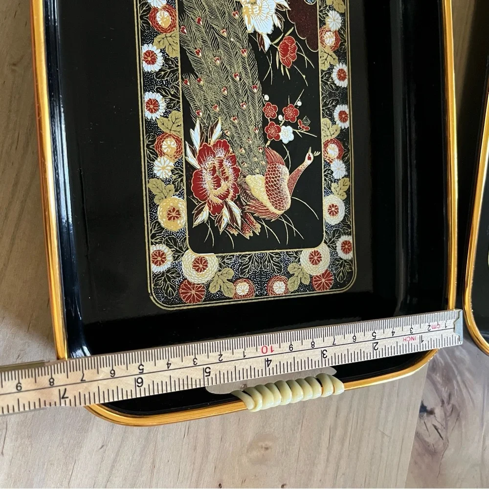 Vintage Japan lacquerware black gold peacock floral serving trays, set of two